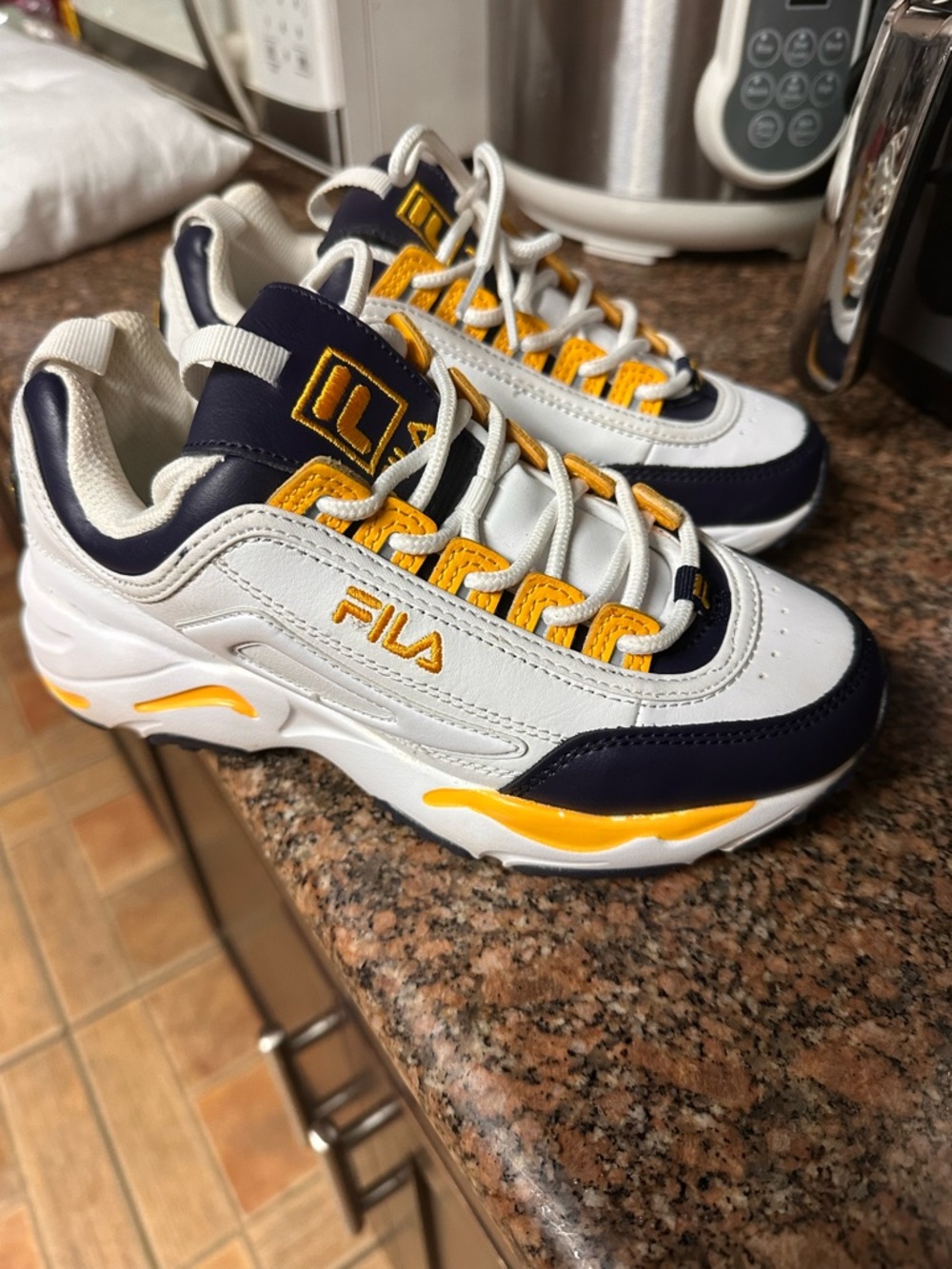 Fila White Navy and Yellow Platform Sneakers